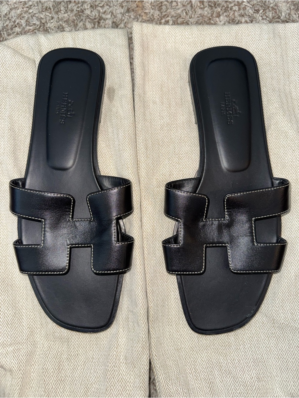 Hermes Black Leather Oran Sandals